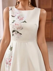女士花卉印花束腰无袖长款伴娘礼服优雅连衣裙 - 杏色 - 查看 3
