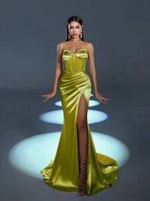 Faeriesty Rhinestone Detail Ruched Bustier Slit Mermaid Dress - Olive Green - View 4