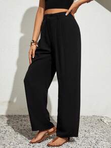 SHEIN VCAY Solid Color Elastic Waist Belt Pocketed Casual Straight-Leg Pants - Black - View 4