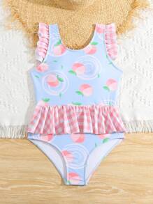 Tween Girl Summer Beach Plaid Patchwork Peach Pattern One-Piece Swimsuit - Multicolor - View 5