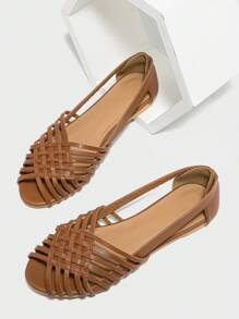 2025 Autumn Women's Flat Roman Hollow Belt Buckle Open Toe Sandals