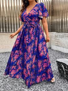 SHEIN Clasi 大码 V 领花卉印花裹身连衣裙，大腿高开衩，夏季长款女装 - 彩色 - 查看 4
