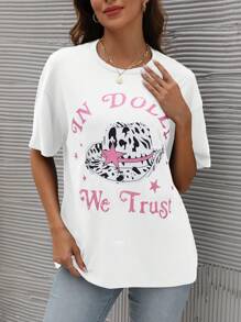 SHEIN LUNE Camiseta casual de manga corta holgada con cuello redondo, estampado de sombrero con eslogan de verano para mujer