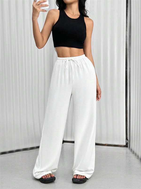 Flirla Casual Solid Color Drawstring Waist Straight-Leg Long Pants
