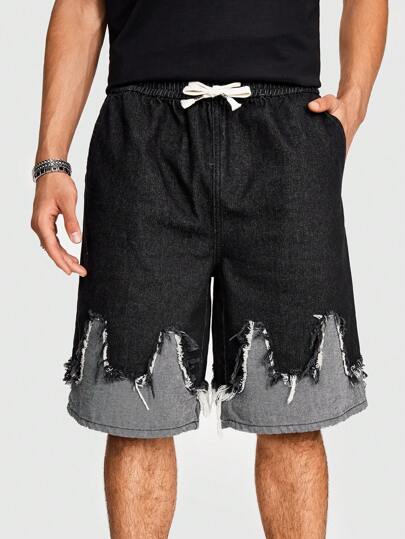 Shorts en jean effiloché pour hommes avec taille à cordon et poches latérales, coupe décontractée