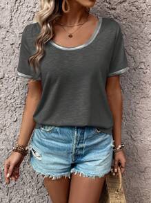 EMERY ROSE 女士夏季銀色編織拼接圓領短袖休閒T恤