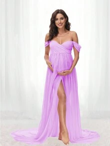 Vestido de gasa con cuello en V y abertura frontal con bajo fluido, perfecto para fotografía, para sesión de fotos