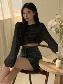 DAZY 女士短款纯色镂空针织毛衣，春夏款，透视款 - 黑色 - 查看 7