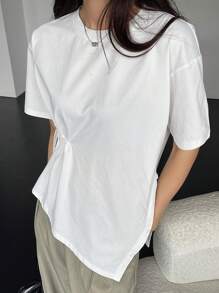 Dazy Designer Camiseta de mujer de unicolor con cuello redondo y diseño de lazo a la cintura para el verano