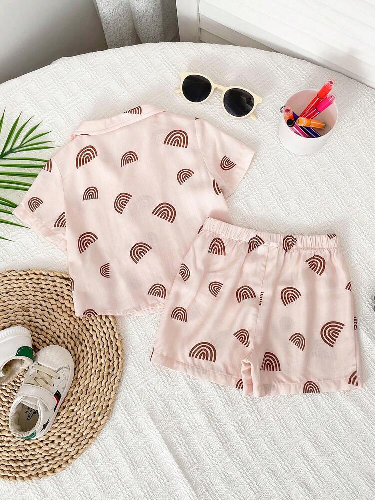 Cute Baby Boy Or Baby Girl Cartoon Print Short Sleeve Shirt With Elastic Waist And Loose Shorts Set, Perfect For Summer