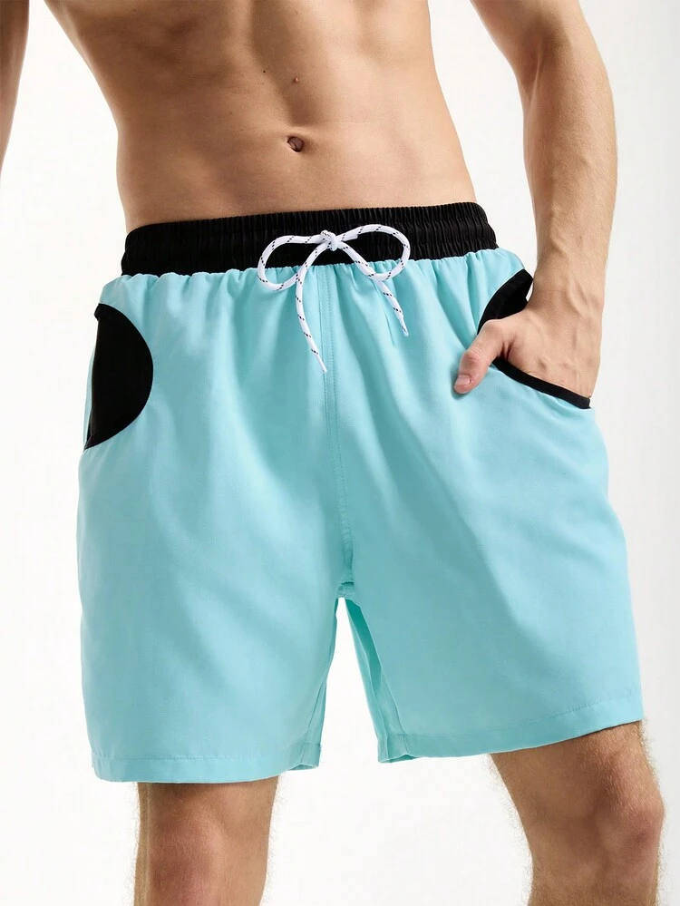 Men's Casual Beach Shorts, Loose Fit, Drawstring Waist, Color-Block Design