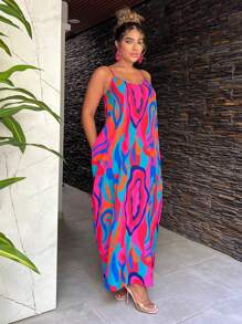 SHEIN SXY 夏季抽象印花細肩帶連身裙 - 彩色 - 查看 3