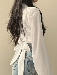 法式小众设计系带蝴蝶结复古露脐短衬衫上衣 - 白色 - 查看 5