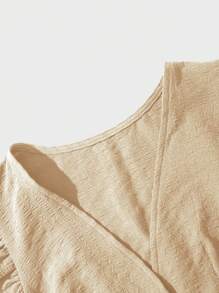SHEIN Clasi Vestido de manga corta con botones delanteros y unicolor para estilo de vacaciones - Caqui - Ver 4