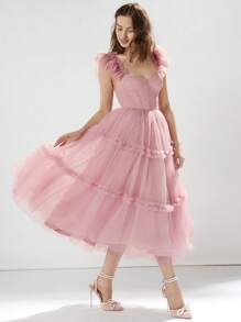 Enchnt 女士粉色方領網紗褶皺裙