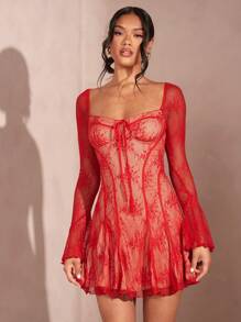 SHEIN BAE Women's Summer Sexy Lace Bra Cup Style Ruffle Hem Multi-Pleated Dress - Red - View 5