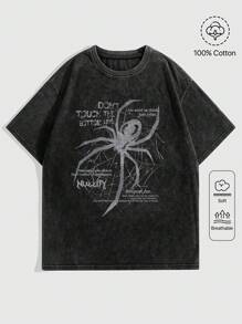 ROMWE Grunge Punk 大码蜘蛛与骷髅印花标语 T 恤，带磨损和雪洗设计，不要触及底线，学校，夏季