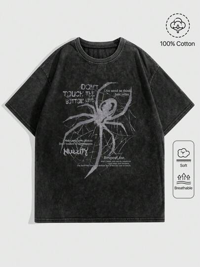 Grunge Punk تي شيرت T-شيرت مطبوع برسومات مقولة بتصميم مبهت مفتت وغير منسوج للحجم الكبير بنقشة العنكبوت والهيكل العظمي، "لا تلمس الخط السفلي"، مناسب للمدرسة وفصل الصيف