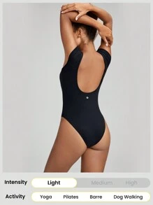 GLOWMODE FeatherFit™ U-Back Thong Bodysuit Light Support Yoga Studio Gym Daily - Black - View 6