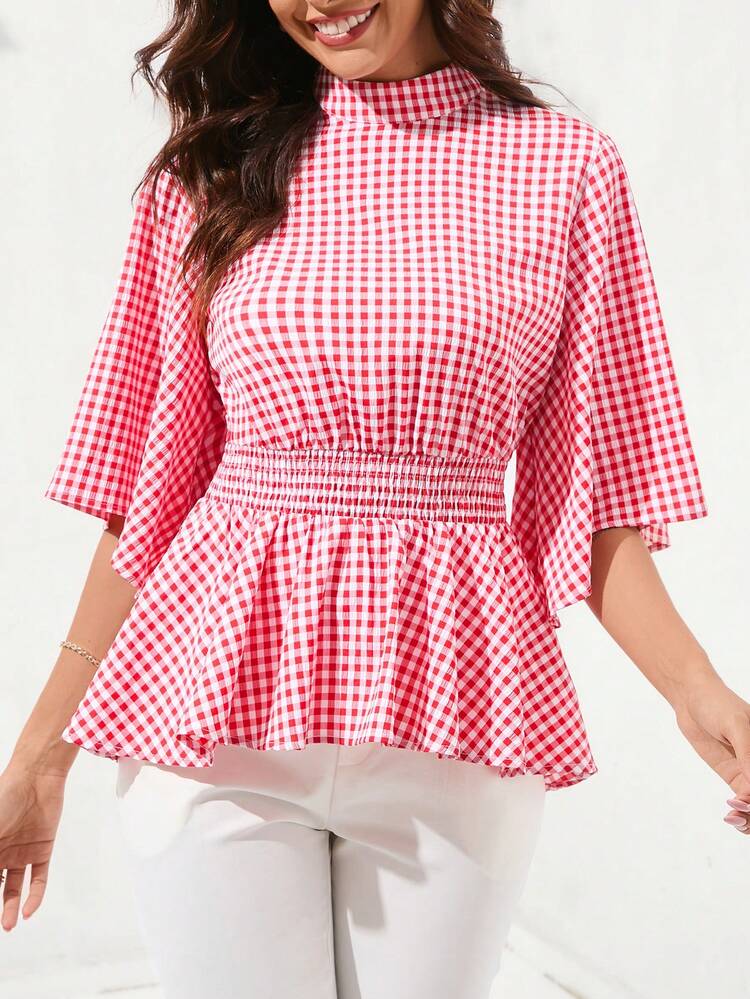 Women's Gingham Ruffle Hem Outing Summer Blouse