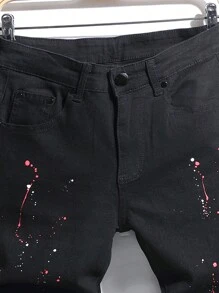 Men's Distressed Skinny Jeans With Splash Ink Print, Casual Elastic Tapered Leg Pants, Grunge - Black - View 8
