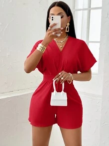 Amarilo Women'S Batwing Short Sleeve Asymmetrical Waist Romper - Red - View 3