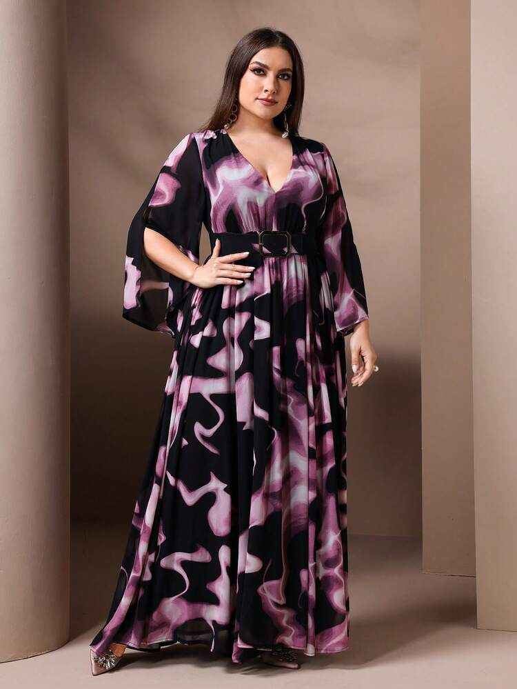 Plus Size V-Neck Tie-Dye Print Belted Wrap Long Sleeve Dress - Multicolor - View 6