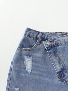 SHEIN Tween Girl Ripped Sleeveless Vest And Slanted Waist Ripped Skirt - Light Wash - View 7