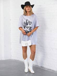 SHEIN LUNE Trang phục sinh nhật Váy thêu lấp lánh bạc cần thiết - Bạc - Xem 5