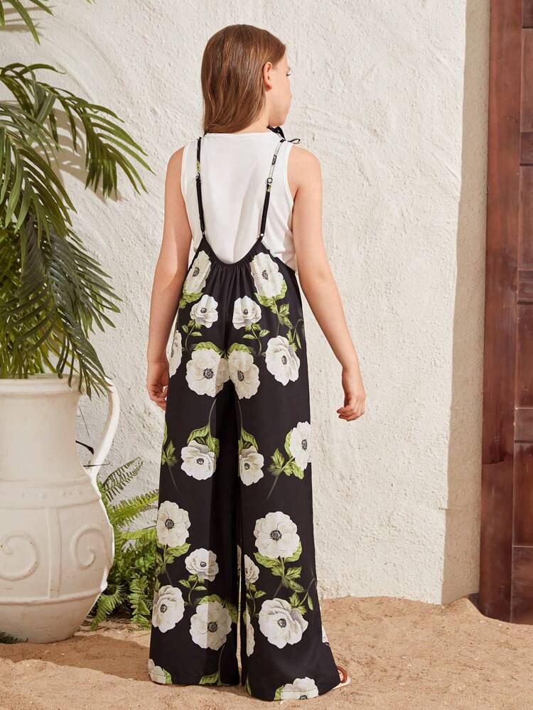 Tween Girl Loose-Fit Printed Jumpsuit With Wide Leg, Casual Overalls With Straps