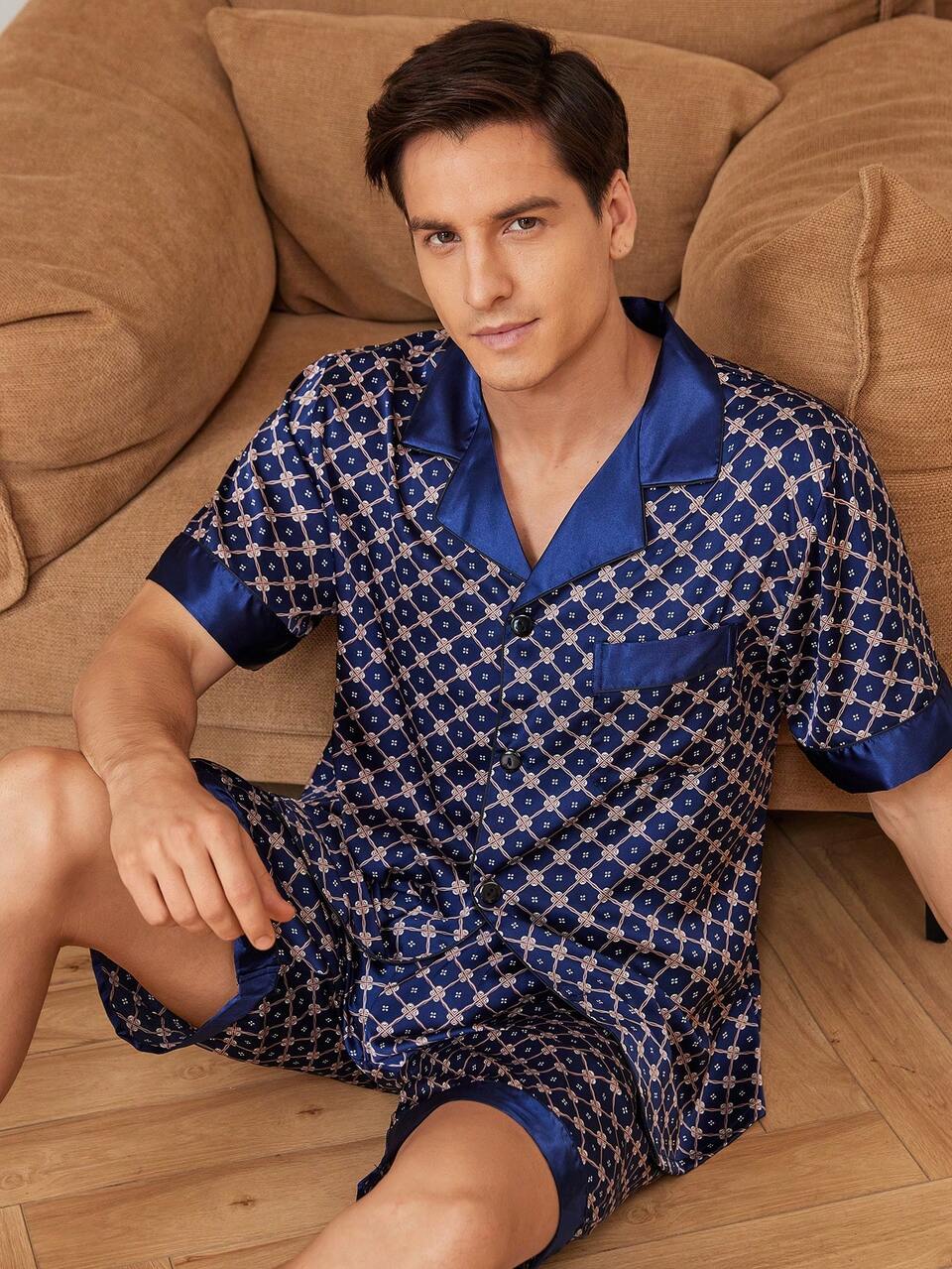 Men's Floral Print Single Breasted Short Sleeve Top And Shorts Homewear Set, Summer