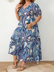 Mulvari Plus size cổ chữ V in hình kỳ nghỉ thông thường Váy ngắn tay Ruffle Hem - Màu xanh lam - Xem 6