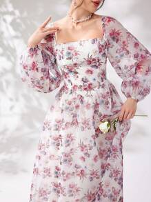 Modelyn Ladies' Holiday Floral Printed Square Neck Long Sleeve Dress - Multicolor - View 4
