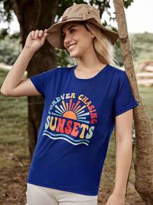 1件女性時尚休閒太陽和字母印花露營風格純棉短袖T恤 - 藏蓝色 - 查看 3