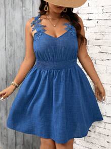 SHEIN Frenchy Plus Size Casual Holiday Denim Blue Suspender Váy ngắn chữ A có thắt lưng - Màu xanh lam - Xem 5
