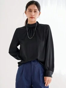 Aveloria Women's Solid Color Pleated Stand Collar Long Sleeve Shirt Fall Cloth For Women - Black - View 5