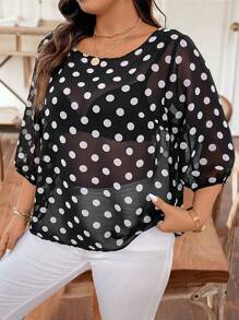 Celure Camisa casual de talla grande con lunares y estampados con decoración de lazo en la espalda, primavera/verano