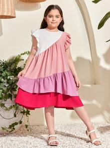 SHEIN Tween Girl Extended Size Loose Casual Round Neck Pullover Color Block Cap Sleeve Dress - Pink - View 5