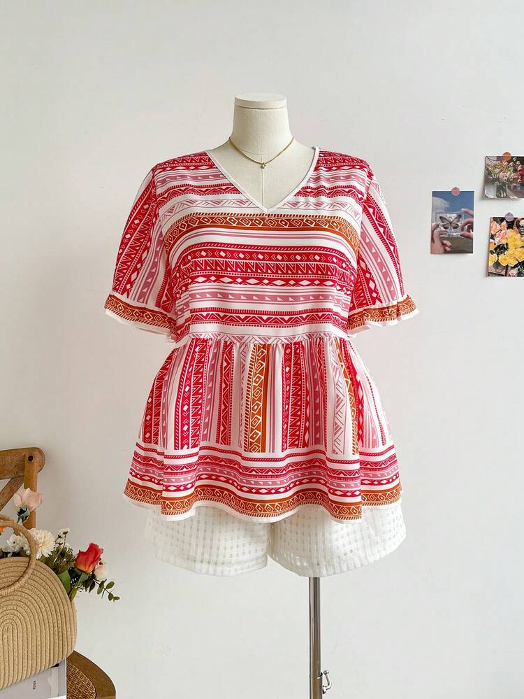 Vacation Leisure Retro Pattern Colorblock V-Neck Plus Size Shirt