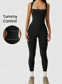 Seamluxe SHEIN Sport Damen einfarbiger Sport-Jumpsuit mit quadratischem Ausschnitt, enge Silhouette, Full-Body-Sport-Jumpsuit, Fitnessoutfit für Frauen
