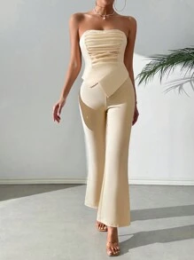 Chiquease Plunge Neck Solid Color Jumpsuit With Pleats, Simple Daily Wear - Apricot - View 6
