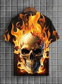 Men's Summer Skull & Flame Print Round Neck Short Sleeve Casual T-Shirt