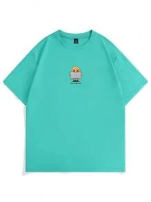 Claim Dot 男士夏季学院风可爱卡通图案印花圆领短袖休闲 T 恤，带口号，适合外出 - 綠色 - 查看 4