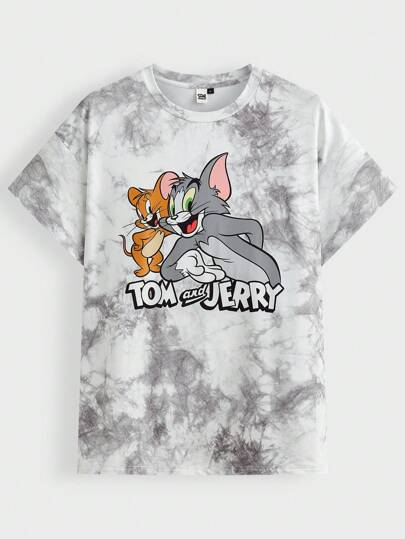 TOM & JERRY X SHEIN Men's Casual Cartoon & Letter Printed Tie-Dye Loose Fit Oversized T-Shirt, Summer