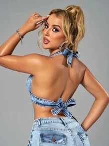 SHEIN SXY Top de mezclilla halter recortado y sin espalda sexy de verano