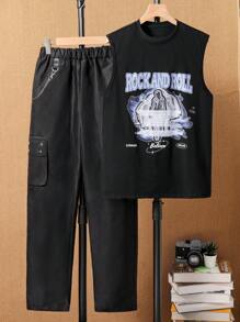 Teen Boy Summer Casual Letter Print Top And Workwear Long Pants, 2pcs/Set