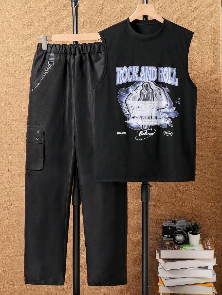 Teen Boy Summer Casual Letter Print Top And Workwear Long Pants, 2pcs/Set