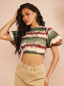 Hauture Backless Tie-Dye Puff Sleeve Top Brush Print - Multicolor - View 5