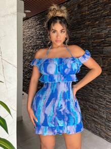 SHEIN SXY 夏季波希米亞風格藍色扎染度假露肩迷你貼身連衣裙，帶襞飾 - 彩色 - 查看 3