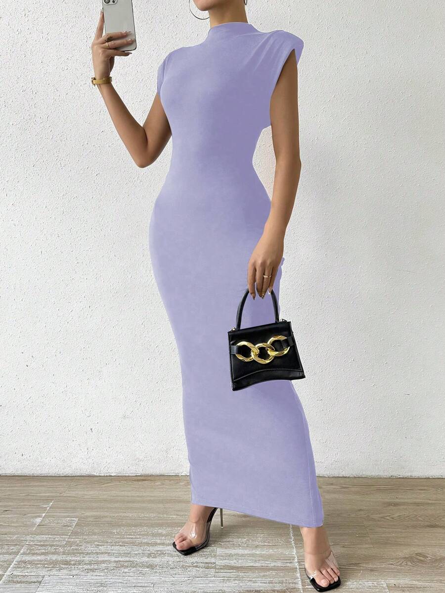 SHEIN Privé Vestido de verano para mujer con cuello alto, manga corta y ajustado al Body de unicolor - Morado - Ver 1